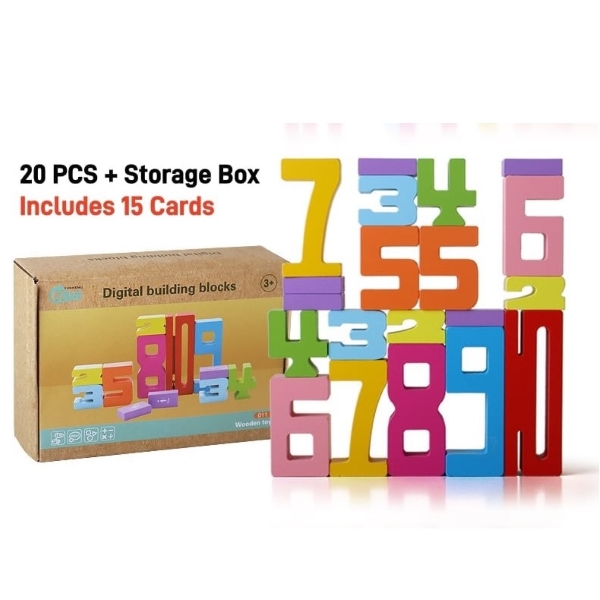 PICKONA Set di blocchi numerici in legno, 20 pezzi, con 15 carte di apprendimento per bambini, regalo creativo ispirato al Montessori